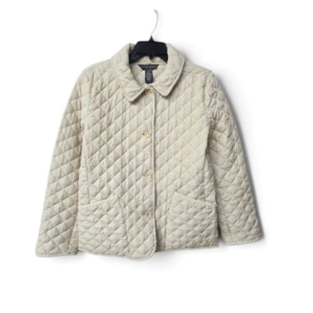 Banana Republic Quilted Barn Jacket Large Cream Beige Diamond Knit Coat Pockets